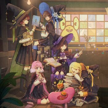 5girls akagi_yuina black_hair blonde_hair book braid classroom glass hat kamiizumi_mai keroppe kitahara_kyouka long_hair maebashi_witches melty_(corolla) mitsumata_choco multicolored_hair multiple_girls niisato_azu open_mouth scroll short_hair sleeping smile witch_hat