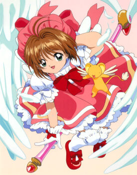 1990s_(style) 1girl absurdres antenna_hair brown_hair cardcaptor_sakura child clamp feathers female_focus fuuin_no_tsue glove_bow gloves green_eyes hat highres kero_(cardcaptor_sakura) kinomoto_sakura kinomoto_sakura_(magician) magical_girl official_art open_mouth pink_hat retro_artstyle short_hair simple_background solo staff thighhighs white_gloves white_thighhighs