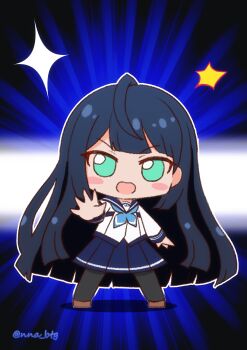 1girl battle_girl_high_school black_pantyhose blue_hair blue_neckerchief blush_stickers chibi chibi_only emphasis_lines green_eyes highres kusunoki_asuha long_hair neckerchief nna_btg no_nose open_mouth outstretched_arm pantyhose pleated_skirt school_uniform shirt skirt solo white_shirt