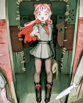 1other 3girls arrow_(symbol) black_boots black_shirt boots clone collared_shirt commission cone_hair_bun doorway double_bun floating_hair gakudayo grey_jacket grey_skirt hair_bun highres holding holding_detached_head holding_knife horror_(theme) jacket knife lace-up_boots lapels long_hair long_sleeves looking_at_viewer multiple_girls necktie open_mouth original out_of_frame pantyhose peeking_out pink_hair pink_nails reaching reaching_towards_viewer red_necktie severed_head shirt skeb_commission skirt smile standing too_many_fingers wide-eyed yellow_eyes