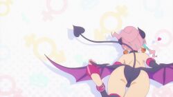 1girl animated anime_screenshot arm_behind_head ass ass_shake backboob backless_leotard bent_over blue_hair breasts center_opening cleavage copyright_name covered_erect_nipples crossed_legs curvy demon_girl demon_tail demon_wings earrings elbow_gloves fake_horns fake_tail fake_wings gloves hair_ornament hair_scrunchie heart high_heels high_ponytail highleg highleg_leotard highres horns hozuki_kaede huge_ass huge_breasts jewelry leotard looking_at_viewer looking_back multicolored_hair one_eye_closed onii-chan_wa_oshimai! open_mouth pink_hair ponytail purple_gloves purple_leotard purple_thighhighs ryona scrunchie shiny_skin sideboob sidelocks sound tagme tail thighhighs thighs two-tone_hair video wide_hips wings wink yellow_scrunchie