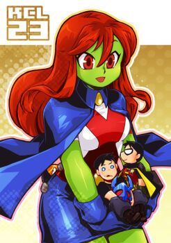 1girl 2boys alien animification black_hair blue_beetle blue_skirt cape chibi colored_skin dc_comics deathstroke dick_grayson gloves green_skin kandamari long_hair mask miniskirt miss_martian multiple_boys red_eyes red_hair robin_(dc) rose_wilson shirt skirt superboy superhero_costume t-shirt young_justice young_justice:_invasion