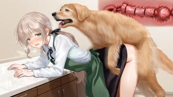 animal_penis apron bestiality blonde_hair blush bottomless dog doggystyle heavy_breathing knotted_penis penis rojiura10 sex_from_behind skirt