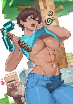 1girl abs aqua_shirt block_(minecraft) blue_eyes blue_pants blush breasts brown_hair clothes_lift commentary cowboy_shot dark-skinned_female dark_skin denim double-parted_bangs english_commentary genderswap genderswap_(mtf) hair_between_eyes heart highres holding holding_pickaxe jeans large_breasts legs_together lifting_own_clothes minecraft minecraft_pickaxe muscular muscular_female navel no_bra one_eye_closed open_mouth pants pickaxe shirt shirt_lift short_hair short_sleeves sin_(sintrybest) solo_focus standing steve_(minecraft) sweat t-shirt tomboy tree twitter_username villager_(minecraft) wiping_sweat