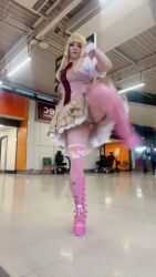 1girl animated blonde_hair boots breasts cosplay dress emilie_de_rochefort emilie_de_rochefort_(cosplay) kicking panties real_life short_sleeves standing standing_on_one_leg tagme tearastar tekken tekken_8 underwear video