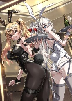 Rule 34 | 2girls, animal ears, bare shoulders, black gold bunny (takanashi kei), black leotard, blonde hair, blue eyes, blush, breasts, brown pantyhose, cleavage, commentary request, covered navel, fake animal ears, highleg, highleg leotard, highres, leotard, long hair, looking at viewer, looking back, multiple girls, open mouth, original, pantyhose, platinum bunny (takanashi kei), playboy bunny, rabbit tail, strapless, strapless leotard, tail, takanashi kei (hitsujikan), tray, white hair, white leotard