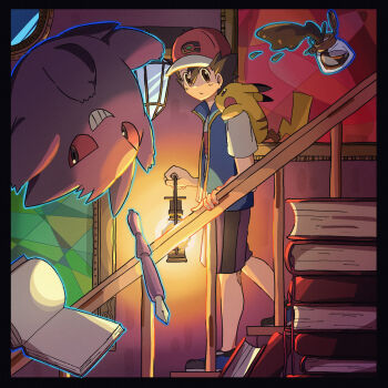1boy ash_ketchum baseball_cap blue_vest book book_stack coffee_pot floating floating_object gen_1_pokemon gengar hat hatsu8282 highres holding_lamp kerosene_lamp lantern nintendo on_shoulder pen pikachu pokemon pokemon_(anime) pokemon_(creature) pokemon_journeys pokemon_on_shoulder red_headwear shirt short_sleeves shorts stairs vest white_shirt