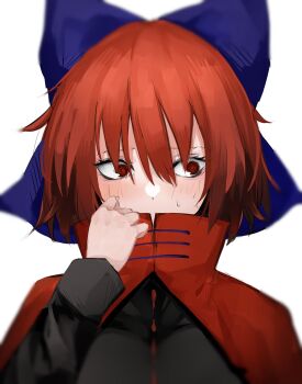 1girl blue_bow blush bow cape covering_own_mouth disembodied_head floating_head grass_root_youkai_network hair_bow highres japanese_clothes long_sleeves red_eyes red_hair ribbon-trimmed_bow ribbon_trim sekibanki sekibanki_day shirt short_hair simple_background solo touhou white_background