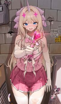 1girl absurdres blonde_hair blue_eyes blush breasts brick_wall bullet_hole cat commentary dduck_kong dress elbow_gloves fisheye gloves hair_intakes highres holding holding_wand korean_text long_hair looking_at_viewer magical_girl medium_breasts mouse_(animal) open_mouth original pink_dress pink_skirt pleated_skirt shadow skirt solo sparkle_hair_ornament standing sweat swept_bangs teeth tentacle_hair_ornament unicorn_horn upper_teeth_only wand white_gloves