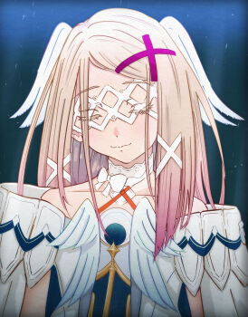 1girl absurdres blonde_hair blush closed_eyes columbina_(genshin_impact) columbina_(genshin_impact)_(cosplay) commentary_request cosplay flat_chest gakuen_idolmaster highres idolmaster long_hair shinosawa_hiro solo upper_body wings xin_xin_impact