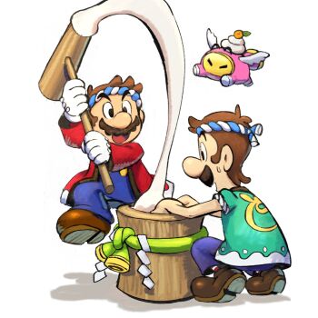 Rule 34 | 1other, 2boys, alternate costume, brown hair, commentary request, facial hair, food, gloves, highres, kagami mochi, kine, luigi, mallet, mario, mario &amp; luigi: brothership, mario &amp; luigi rpg, mario (series), masanori sato (style), mochi, mochitsuki, mortar (bowl), multiple boys, mustache, new year, nintendo, open mouth, shirt, short hair, simple background, snoutlet (mario), white background, white gloves, yamari (ya mari 6363)