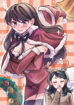 2girls bang_dream! bang_dream!_it's_mygo!!!!! bell black_hair black_thighhighs blush breasts capelet cleavage commentary dress ear_piercing english_commentary fake_antlers highres large_breasts long_hair medium_hair mole mole_under_eye multiple_girls open_mouth piercing purple_eyes red_capelet red_dress shiina_taki thighhighs yahata_umiri yoyoray20001996