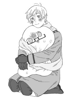 Rule 34 | 1boy, america (hetalia), anger vein, angry, axis powers hetalia, baggy pants, blush, boots, closed mouth, coat, commentary request, creature, full body, glasses, gloves, greyscale, highres, hug, long sleeves, looking afar, looking at another, male focus, mi aph to, monochrome, open mouth, pants, russia (hetalia), scarf, seiza, semi-rimless eyewear, short hair, simple background, sitting, smile