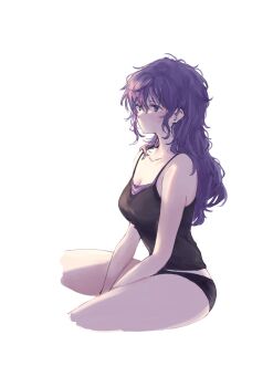 1girl asahina_mafuyu bare_shoulders black_camisole black_panties breasts camisole cleavage closed_mouth collarbone cropped_legs highres l9525 large_breasts long_hair messy_hair panties project_sekai purple_eyes purple_hair sidelocks simple_background sitting solo underwear white_background