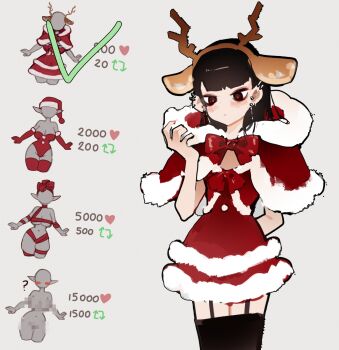 Rule 34 | 1girl, arm behind back, black eyes, black hair, black thighhighs, blunt bangs, blush, bow, christmas, closed mouth, commentary, cowboy shot, dress, ear piercing, earrings, english commentary, fake antlers, fur-trimmed dress, fur trim, garter straps, hairband, hand up, highres, hood, hood down, jewelry, long hair, looking down, original, piercing, red bow, red dress, red pupils, santa costume, santa dress, simple background, solo, standing, sweatdrop, thighhighs, twitter strip game, very long hair, white background, yeougui, yuan (yeougui), zettai ryouiki
