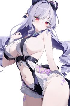 1girl black_bow bow breasts hair_bow highres large_breasts long_hair looking_at_viewer multicolored_hair nihnfinite8 official_alternate_costume one-piece_swimsuit parted_lips pointy_ears purple_hair red_eyes simple_background solo streaked_hair swimsuit thighs vivian_banshee vivian_banshee_(iris_of_the_shore) white_background white_hair zenless_zone_zero