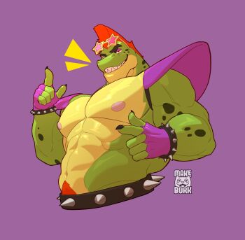 Rule 34 | 1boy, abs, artist logo, artist name, bara, bare pectorals, biceps, bracelet, claws, commentary, crocodile boy, double finger gun, english commentary, finger gun, five nights at freddy's, five nights at freddy's: security breach, furry, furry male, grin, highres, jewelry, logo, looking at viewer, makebork, male focus, mohawk, montgomery gator, muscular, muscular male, navel, nipples, notice lines, pectorals, red hair, smile, spiked belt, spiked bracelet, spikes, star-shaped eyewear, star (symbol), topless male