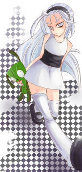 1girl argyle_background bell_(ppgd) black_background black_hairband black_shoes commentary dress dress_shoes english_commentary gir_(dog_costume)_(invader_zim) gir_(invader_zim) grey_eyes hairband holding holding_stuffed_toy long_bangs long_hair orangel89 powerpuff_girls powerpuff_girls_doujinshi shoes short_dress sleeveless stuffed_animal stuffed_toy thighhighs very_long_hair walking white_background white_dress white_hair white_thighhighs