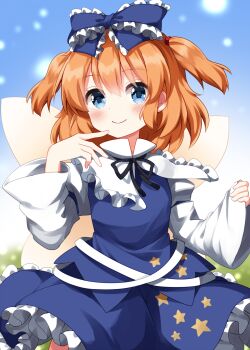 Rule 34 | 1girl, black ribbon, blue bow, blue eyes, blue skirt, blue vest, blurry, blurry background, blush, bow, closed mouth, collared shirt, commentary request, completion time, cosplay, cowboy shot, fairy wings, frilled bow, frilled shirt collar, frilled skirt, frills, hair bow, hands up, highres, long sleeves, looking at viewer, neck ribbon, orange hair, ribbon, ruu (tksymkw), shirt, short hair, skirt, skirt set, smile, solo, star sapphire, star sapphire (cosplay), sunny milk, touhou, two side up, vest, white shirt, wings