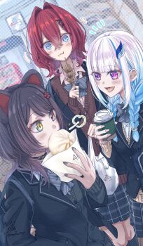 Rule 34 | 3girls, :d, :t, alternate costume, ange katrina, animal ears, bag, black collar, black jacket, black skirt, black sweater, blazer, blue eyes, blue hair, blurry, blurry background, blush, bow, bowtie, braid, brown hair, brown sweater, check food, closed eyes, collar, commentary request, crossed bangs, cup, disposable coffee cup, disposable cup, dog ears, double-parted bangs, eating, flower, food, food on face, food request, gradient hair, grey bow, grey bowtie, grey nails, group picture, hair between eyes, hair flower, hair intakes, hair ornament, hair over shoulder, halftone, halftone background, hand in pocket, hand up, heterochromia, highres, holding, holding cup, inui toko, jacket, lapels, lips, lize helesta, long bangs, long hair, long sidelocks, long sleeves, looking at another, looking at viewer, loose necktie, low twin braids, miniskirt, multicolored hair, multiple girls, nail polish, necktie, nijisanji, notched lapels, notice lines, open clothes, open jacket, open mouth, plaid clothes, plaid skirt, pleated skirt, puff of air, purple eyes, red eyes, red hair, reyravi1024, sanbaka (nijisanji), school uniform, shish kebab, shoulder bag, sidelocks, skirt, smile, steamed bun, streaked hair, sweater, twin braids, two-tone hair, virtual youtuber, white hair, x hair ornament, yellow eyes
