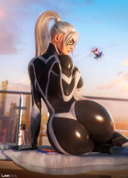 1boy 1girl 3d absurdres ass black_bodysuit black_cat_(marvel) blue_bodysuit bodysuit breasts commentary eye_mask felicia_hardy highres huge_ass laik3d marvel mask ponytail red_bodysuit spider-man spider-man_(series) white_hair