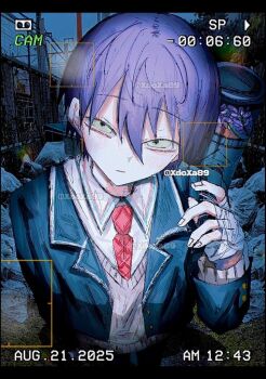 1boy artist_name bandaged_hand bandages black_border blazer border closed_mouth commentary cowboy_shot dated foreshortening green_eyes hair_between_eyes hand_up head_tilt jacket kenmochi_touya kenmochi_touya_(1st_costume) long_sleeves looking_at_viewer necktie nijisanji outdoors purple_hair red_necktie short_hair solo sweater_vest symbol-only_commentary virtual_youtuber xdoxa89
