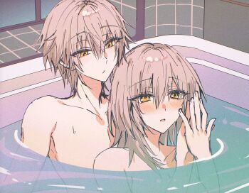 1boy 1girl bath bathroom blush caelus_(honkai:_star_rail) closed_mouth commentary_request door dual_persona fingernails grey_hair hair_between_eyes hand_up hetero honkai:_star_rail honkai_(series) indoors kinona long_hair looking_at_another open_mouth palms_together selfcest shared_bathing short_hair sidelocks stelle_(honkai:_star_rail) tile_floor tiles trailblazer_(honkai:_star_rail) upper_body water wet window yellow_eyes