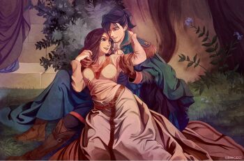 1boy 1girl alternate_costume aqua_cape artist_name ascot black_eyes black_hair boots brown_boots brown_eyes brown_gloves brown_hair cape commentary dorothea_arnault dorothea_arnault_(timeskip) dress english_commentary epaulettes eye_contact felix_hugo_fraldarius felix_hugo_fraldarius_(timeskip) fine_art_parody fire_emblem fire_emblem:_three_houses gloves grass grin iubworks long_sleeves looking_at_another nintendo parody sitting smile tree tristan_and_iseult white_ascot white_dress