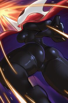 1girl ass attack bodysuit breasts cloak from_below furry furry_female highres holding holding_weapon hollow_eyes hollow_knight hornet_(hollow_knight) large_breasts latex latex_bodysuit mask red_cloak shiny_clothes sollyz solo weapon