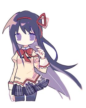 1girl akemi_homura black_hair black_pantyhose blank_eyes bow bowtie chinese_commentary commentary_request cropped_legs hair_ribbon hairband hand_up highres lace lace-trimmed_shirt lace_trim long_hair mahou_shoujo_madoka_magica mahou_shoujo_madoka_magica_(anime) mitakihara_school_uniform pantyhose plaid_clothes plaid_skirt purple_eyes red_bow red_bowtie red_ribbon ribbon school_uniform shirt simple_background skirt solo tuteo white_background yellow_shirt