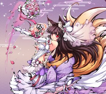 1girl animal_ear_fluff animal_ears arched_back back_cutout black_hair bouquet breasts bridal_veil bride cleavage cleavage_cutout clothing_cutout commentary_request company_name copyright_logo copyright_name copyright_notice dakki_(himegami_kagura) dress elbow_gloves flower fox_ears fox_girl from_side gloves hair_ornament high_heels highres himegami_kagura logo long_hair looking_at_viewer motion_lines ms06s multiple_tails official_art open_mouth petals pink_thighhighs red_eyes rose smile solo standing strapless strapless_dress tail thighhighs veil wedding_dress white_dress white_gloves
