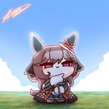 1girl animal_ears blue_sky blush braid braided_hair_rings breasts brown_hair chibi chibi_only cloud commentary detached_sleeves dress ear_covers ear_ornament gentildonna_(regina_dei_fiori)_(umamusume) gentildonna_(umamusume) gloves grass hair_between_eyes hair_ornament hair_rings heart-shaped_ornament heart_ear_ornament highres horse_ears horse_girl horse_tail kuroij long_hair looking_at_viewer outdoors red_eyes sky smile solo symbol-only_commentary tail umamusume white_gloves