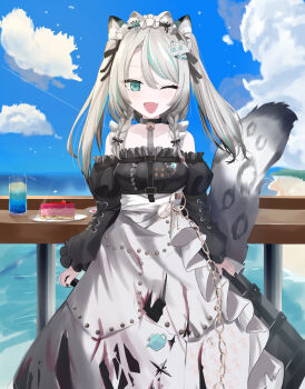 animal_ears black_sky braid braided_sidelocks cake cheek_rest copyright_request cross-laced_clothes cross-laced_sleeves dessert food frilled_straps fuzzy_clothes grey_nails grey_tail highres hinamori_anthea holding holding_saucer indie indie_virtual_youtuber leopard_ears leopard_tail maid nata_(tool) non-web_source red_pupils saucer sky snow_leopard_tail strawberry_shortcake tail teapot virtual wallpaper_(object)