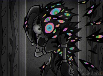 1girl @_@ abandinthesand abstraction_(the_amazing_digital_circus) arm_at_side artist_name character_name chromatic_aberration commentary cowboy_shot english_commentary fewer_digits film_grain gloves greyscale hand_on_own_chest hand_up hat heart highres jester looking_at_viewer monochrome omori parted_lips pomni_(the_amazing_digital_circus) puffy_short_sleeves puffy_sleeves short_sleeves solo spot_color standing striped_clothes sweat the_amazing_digital_circus vertical-striped_bodysuit vertical-striped_clothes