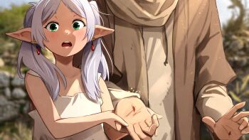 1boy 1girl blood blood_on_hands blurry blurry_background blush brown_scarf commentary d: day earrings elf english_commentary flat_chest floating_earrings frieren gold_earrings green_eyes hair_over_shoulder hand_grab height_difference highres jesus jewelry khyle. looking_at_viewer medium_hair open_hand open_mouth out_of_frame outdoors palms parted_bangs petite pointy_ears scarf short_eyebrows sidelocks sousou_no_frieren stigmata surprised tank_top teeth thick_eyebrows twintails upper_teeth_only w white_hair white_tank_top wide-eyed