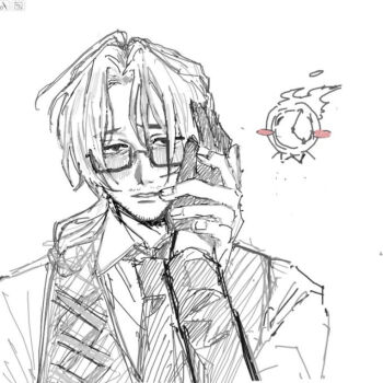 Rule 34 | 1boy, 1other, absurdres, beard stubble, blush, blush stickers, clock, coat, collared shirt, dante (limbus company), dress shirt, facial hair, fire, formal clothes, glasses, gloves, gregor (project moon), greyscale, hair intakes, half-closed eyes, hand grab, hand on another's cheek, hand on another's face, hand up, hatching (texture), highres, light smile, limbus company, lips, long hair, long sleeves, looking at another, looking at viewer, low ponytail, male focus, monochrome, necktie, object head, out of frame, parted bangs, parted lips, ponytail, portrait, pov, pov hands, project moon, rectangular eyewear, semi-rimless eyewear, shirt, simple background, sketch, sleeves rolled up, smile, solo focus, spot color, stubble, suit, teeth, under-rim eyewear, upper body, vest