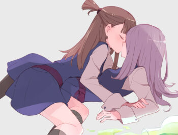 10s 2girls blush brown_hair closed_eyes flask from_side girl_on_top hair_tie hidden_face kagari_atsuko kiss kneehighs little_witch_academia long_hair long_sleeves lying multiple_girls on_back one_side_up potion profile purple_hair school_uniform simple_background skirt socks sou_(tuhut) spill sucy_manbavaran yuri