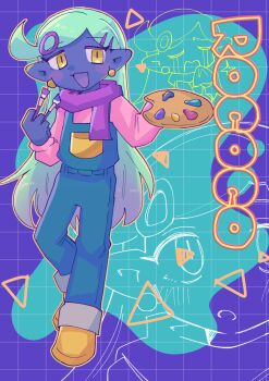 1boy blue_overalls blush brown_shoes character_name colored_skin commentary earrings green_hair hair_ornament hairclip highres holding holding_paint_palette holding_paintbrush jewelry long_hair long_sleeves looking_at_viewer male_focus omori open_mouth overalls paint paint_palette paintbrush pink_sweater pointy_ears purple_scarf purple_skin rococo_(omori) scarf shoes smile solo sweater swept_bangs yamegane