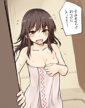 Rule 34 | 1girl, alternate costume, breasts, brown eyes, brown hair, cleavage, commentary request, hakurei reimu, long hair, looking at viewer, medium breasts, miyo (ranthath), naked towel, open mouth, solo, touhou, towel, wet