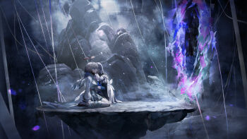 1girl 2girls angel_wings arcaea artist_request bandage_on_face bandages bandaid bandaid_on_face black_boots black_dress black_gloves black_pantyhose black_skirt blue_eyes blue_hair boots bow breasts compassion_(arcaea) crying detached_wings dress earrings floating_hair game_cg gloves grey_hair hair_between_eyes halo hand_on_another&#039;s_face highres hug insight_(arcaea) insight_(designant)_(arcaea) jewelry long_sleeves loose_socks medium_breasts multicolored_hair multiple_girls non-web_source pantyhose parted_lips portal_(object) purple_eyes shirt short_hair skirt socks solo squatting streaked_hair tears thigh_strap white_hair white_shirt white_socks white_wings wings yellow_bow yuri