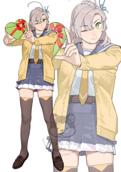 Rule 34 | 1girl, absurdres, black thighhighs, blue skirt, box, cardigan, commentary, gift, gift box, green eyes, grey hair, hair tie, heart-shaped box, highres, kantai collection, kinugasa (kancolle), kinugasa kai ni (kancolle), ojipon, one eye closed, open cardigan, open clothes, sailor collar, school uniform, serafuku, shoes, simple background, skirt, standing, thighhighs, twitter username, untranslatable commentary, valentine, white background, yellow cardigan, zoom layer