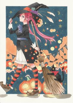 1girl animal black_cat black_coat black_hat border bow bowtie broom brown_shoes cat closed_mouth coat commentary_request floating_hair fruit_hat_ornament full_body grey_eyes halloween hat hat_ornament highres holding holding_broom jack-o&#039;-lantern kneehighs long_hair long_sleeves looking_at_viewer looking_to_the_side marker_(medium) meeya night night_sky original outside_border pink_hair purple_bow purple_bowtie shoes skirt sky smile socks solo striped_clothes striped_socks traditional_media twintails walking white_border white_skirt witch witch_hat