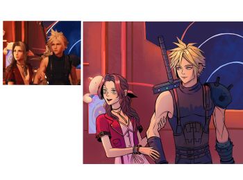 1boy 1girl aerith_gainsborough armor art_study bangle belt black_gloves black_shirt blonde_hair border bracelet braid braided_ponytail brown_belt brown_hair buster_sword changbim13 choker cloud_strife cropped_jacket derivative_work dress final_fantasy final_fantasy_vii final_fantasy_vii_rebirth final_fantasy_vii_remake flower_choker game_screenshot_inset gloves green_eyes hair_ribbon highres holding_another's_arm jacket jewelry long_hair looking_at_another multiple_belts open_mouth parted_bangs pauldrons pink_dress pink_ribbon red_jacket ribbon screenshot_inset screenshot_redraw shirt short_hair short_sleeves shoulder_armor sidelocks single_bare_shoulder single_braid single_pauldron sleeveless sleeveless_turtleneck smile spiked_hair suspenders sword sword_on_back turtleneck upper_body weapon weapon_on_back white_border