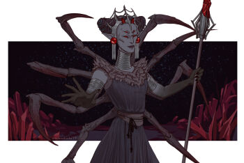Rule 34 | 1girl, arthropod girl, arthropod limbs, artist name, black dress, black hair, colored skin, commentary, crown, dress, earrings, english commentary, enolezdrata, extra eyes, fur trim, grey skin, hair bun, holding, holding staff, insect girl, jewelry, mage staff, mephala, necklace, night, no pupils, outdoors, plant, pointy ears, red eyes, red leaf, silver earrings, silver necklace, sleeveless, solo, spider girl, staff, the elder scrolls, the elder scrolls online