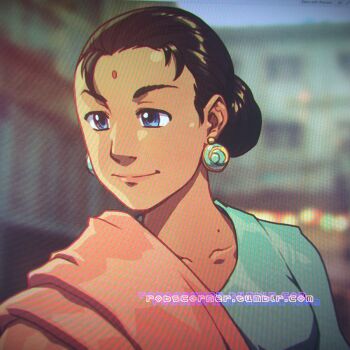 1girl bad_id bad_tumblr_id bindi black_hair blue_eyes capcom dark-skinned_female dark_skin earrings female_focus indian indian_clothes jewelry lilly_(street_fighter) lips robaato sash short_hair smile solo street_fighter street_fighter_iii_(series) watermark web_address