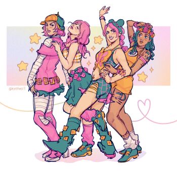 4girls black_boots black_helmet bodysuit boots butterfly_ornament butterfly_tattoo capelet crop_top dark-skinned_female dark_skin double_bun dragona_joestar dress eyefoes green_hair hair_bun helmet highres hirose_yasuho hot_pants_(sbr) jojo_no_kimyou_na_bouken kuujou_jolyne long_hair long_sleeves loose_socks multicolored_hair multiple_girls orange_bodysuit pink_boots pink_capelet pink_dress pink_hair pink_socks short_hair sleeveless socks tattoo white_sleeves white_socks