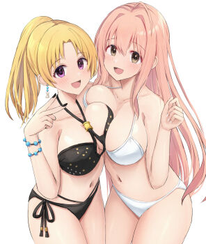 2girls :d asymmetrical_docking bikini black_bikini blonde_hair breast_press breasts brown_eyes collarbone earrings highres idolmaster idolmaster_cinderella_girls jewelry kiryu_tsukasa_(idolmaster) large_breasts long_hair looking_at_viewer multiple_girls navel open_mouth parted_bangs pink_hair ponytail purple_eyes saionji_kotoka side-tie_bikini_bottom simple_background smile standing swimsuit tabii thighs tongue white_background white_bikini
