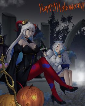 2girls absurdres angel_and_devil black_dress blue_ribbon breasts choker cleavage commentary demon_costume dress eating eitr_(fire_emblem) eitr_(parallel_hearts)_(fire_emblem) fire_emblem fire_emblem_heroes floral_print flower_wreath freyja_(fire_emblem) freyja_(parallel_hearts)_(fire_emblem) frilled_dress frills goat_horns hair_ornament hair_over_one_eye happy_halloween high_heels highres horns jack-o&#039;-lantern lace lace-trimmed_dress lace_trim large_breasts long_hair looking_at_another ludook medium_hair multiple_girls nintendo official_alternate_costume pantyhose pumpkin pumps red_eyes red_pantyhose ribbon staff white_background white_hair