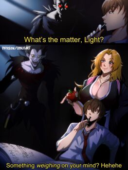 1boy 1girl 1other apple black_kimono bleach breast_rest breasts brown_eyes brown_hair chain chain_necklace cleavage commentary death_note death_note_(object) eating english_commentary english_text food fruit highres holding holding_food holding_fruit japanese_clothes jewelry kimono large_breasts matsumoto_rangiku medium_hair mole mole_under_mouth necklace necktie opalis orange_hair patreon_username pink_shawl purple_eyes red_necktie ryuk shawl shihakusho shinigami shirt short_hair white_shirt yagami_light yellow_eyes