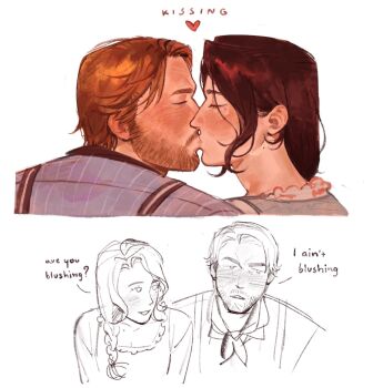 1boy 1girl arthur_morgan back beard_stubble belle_(kunnuscumnus) blonde_hair blue_shirt braid brown_hair closed_eyes commentary cropped_shoulders doodle_inset english_commentary english_text eyelashes facial_hair frilled_shirt frills from_behind hair_behind_ear hair_over_shoulder heart hetero highres kiss kunnuscumnus light_blush looking_at_viewer mature_male mole mole_on_neck mole_under_eye original red_dead_redemption_(series) red_dead_redemption_2 shirt short_hair simple_background single_braid sketch striped_clothes striped_shirt stubble suspenders vertical-striped_clothes vertical-striped_shirt wavy_ends white_background